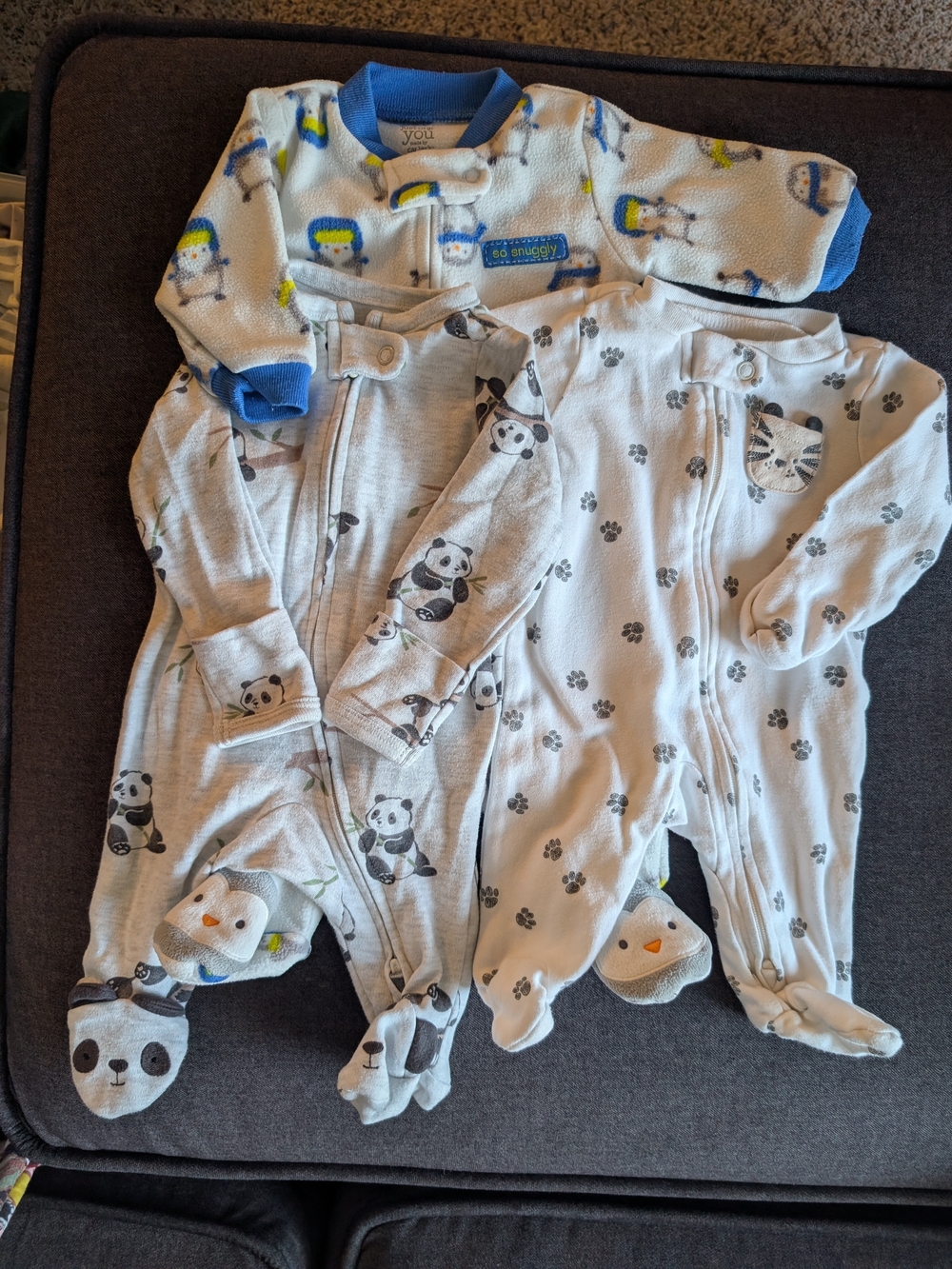 Carter's White, Gray & Blue Animal Print Footed One-Piece Sleepers - 3 Pack